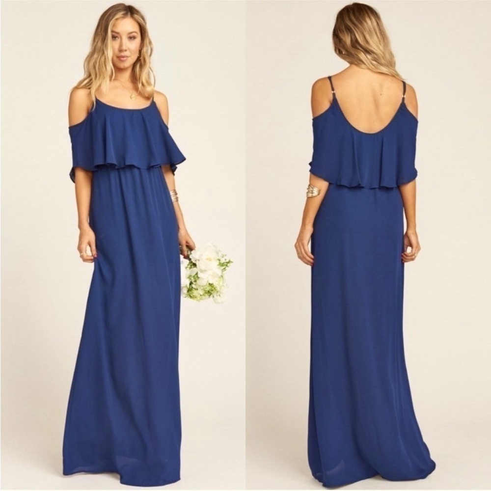 Show Me Your Mumu Caitlin Ruffle Maxi Dress Navy Blue Women’s Size Large